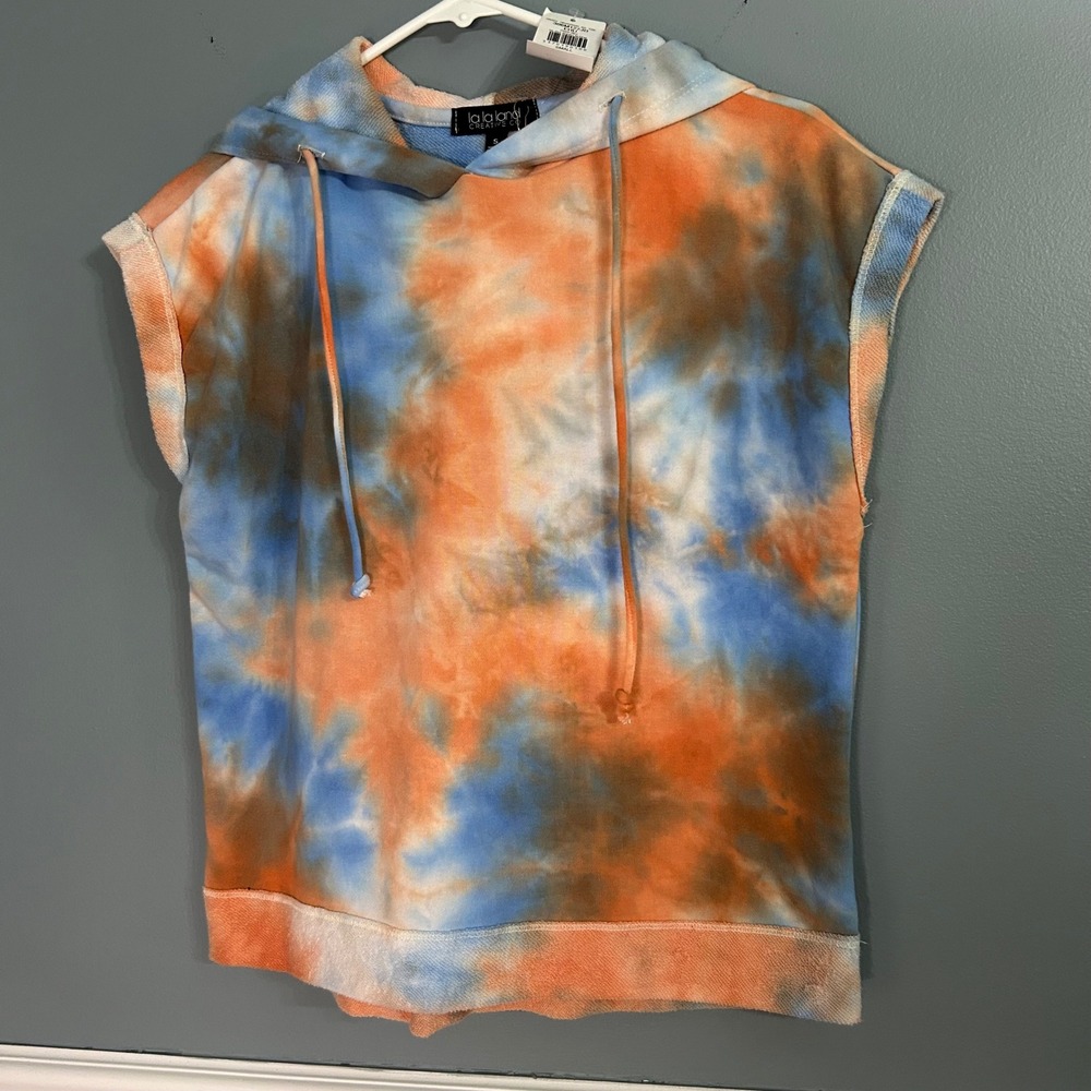 La La Land Creative Co Womens Tie Dye Sleeveless Hoodie Orange Blue Small BUCKLE
